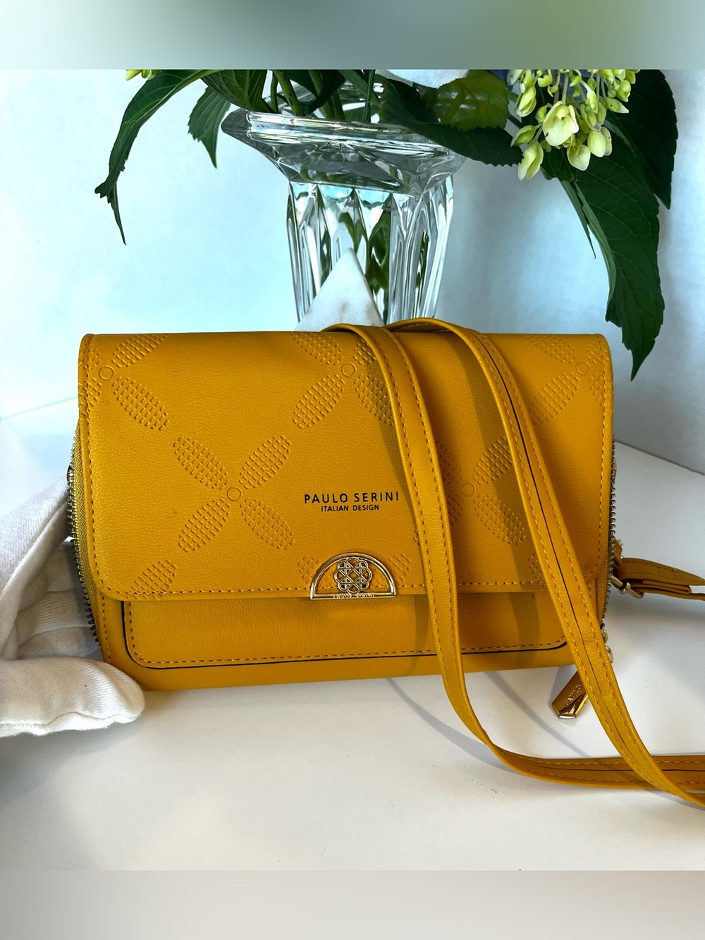 NWOT PAULO SERINI Purse Quilted Logo Design Crossbody Mustard Yellow 7.5x5.5x1”